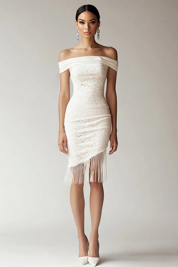White Bodycon Off the Shoulder Lace Graduation Dress with Fringes